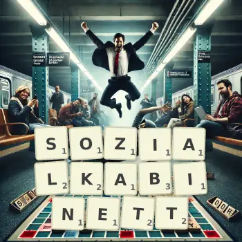 Kreative Illustration für ein Scrabble-Spiel, bei dem das Wort SOZIALKABINETT mit Steinen auf dem Brett gelegt wurde.