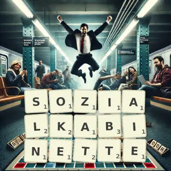 Kreative Illustration für ein Scrabble-Spiel, bei dem das Wort SOZIALKABINETTE mit Steinen auf dem Brett gelegt wurde.