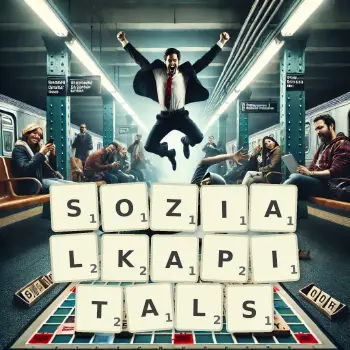 Kreative Illustration für ein Scrabble-Spiel, bei dem das Wort SOZIALKAPITALS mit Steinen auf dem Brett gelegt wurde.