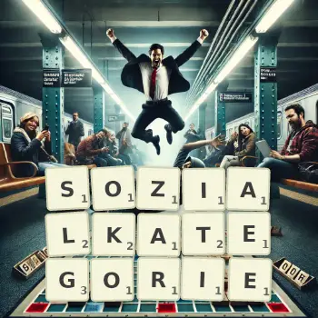 Kreative Illustration für ein Scrabble-Spiel, bei dem das Wort SOZIALKATEGORIE mit Steinen auf dem Brett gelegt wurde.