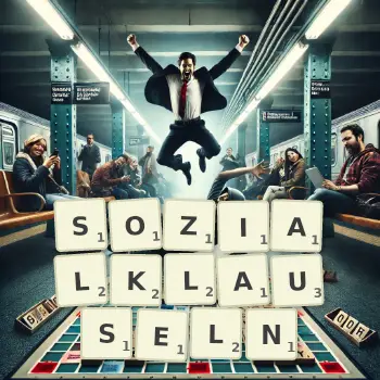 Kreative Illustration für ein Scrabble-Spiel, bei dem das Wort SOZIALKLAUSELN mit Steinen auf dem Brett gelegt wurde.