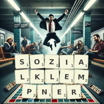 Kreative Illustration für ein Scrabble-Spiel, bei dem das Wort SOZIALKLEMPNER mit Steinen auf dem Brett gelegt wurde.