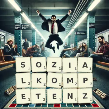 Kreative Illustration für ein Scrabble-Spiel, bei dem das Wort SOZIALKOMPETENZ mit Steinen auf dem Brett gelegt wurde.