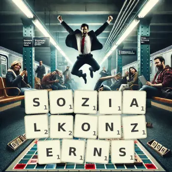 Kreative Illustration für ein Scrabble-Spiel, bei dem das Wort SOZIALKONZERNS mit Steinen auf dem Brett gelegt wurde.