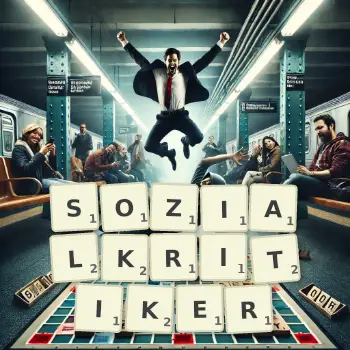 Kreative Illustration für ein Scrabble-Spiel, bei dem das Wort SOZIALKRITIKER mit Steinen auf dem Brett gelegt wurde.