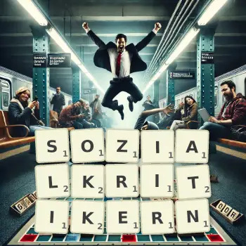 Kreative Illustration für ein Scrabble-Spiel, bei dem das Wort SOZIALKRITIKERN mit Steinen auf dem Brett gelegt wurde.