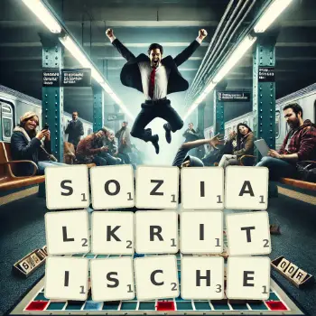 Kreative Illustration für ein Scrabble-Spiel, bei dem das Wort SOZIALKRITISCHE mit Steinen auf dem Brett gelegt wurde.