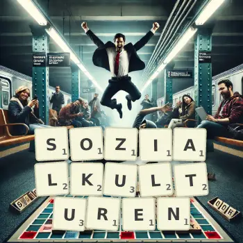 Kreative Illustration für ein Scrabble-Spiel, bei dem das Wort SOZIALKULTUREN mit Steinen auf dem Brett gelegt wurde.