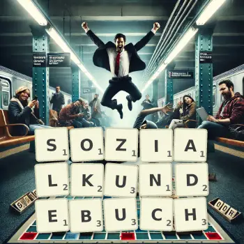 Kreative Illustration für ein Scrabble-Spiel, bei dem das Wort SOZIALKUNDEBUCH mit Steinen auf dem Brett gelegt wurde.
