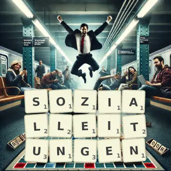 Kreative Illustration für ein Scrabble-Spiel, bei dem das Wort SOZIALLEITUNGEN mit Steinen auf dem Brett gelegt wurde.