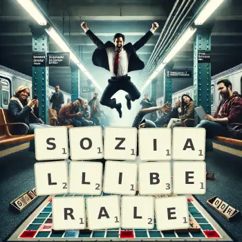 Kreative Illustration für ein Scrabble-Spiel, bei dem das Wort SOZIALLIBERALE mit Steinen auf dem Brett gelegt wurde.