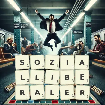 Kreative Illustration für ein Scrabble-Spiel, bei dem das Wort SOZIALLIBERALER mit Steinen auf dem Brett gelegt wurde.