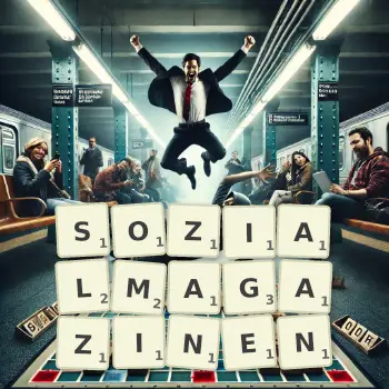 Kreative Illustration für ein Scrabble-Spiel, bei dem das Wort SOZIALMAGAZINEN mit Steinen auf dem Brett gelegt wurde.