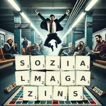 Kreative Illustration für ein Scrabble-Spiel, bei dem das Wort SOZIALMAGAZINS mit Steinen auf dem Brett gelegt wurde.