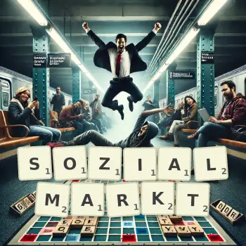 Kreative Illustration für ein Scrabble-Spiel, bei dem das Wort SOZIALMARKT mit Steinen auf dem Brett gelegt wurde.