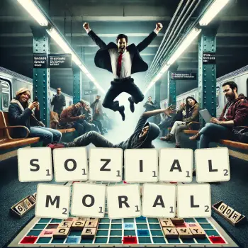 Kreative Illustration für ein Scrabble-Spiel, bei dem das Wort SOZIALMORAL mit Steinen auf dem Brett gelegt wurde.