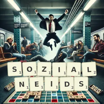 Kreative Illustration für ein Scrabble-Spiel, bei dem das Wort SOZIALNEIDS mit Steinen auf dem Brett gelegt wurde.