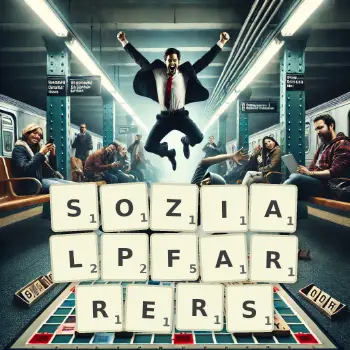 Kreative Illustration für ein Scrabble-Spiel, bei dem das Wort SOZIALPFARRERS mit Steinen auf dem Brett gelegt wurde.