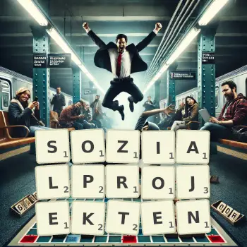 Kreative Illustration für ein Scrabble-Spiel, bei dem das Wort SOZIALPROJEKTEN mit Steinen auf dem Brett gelegt wurde.