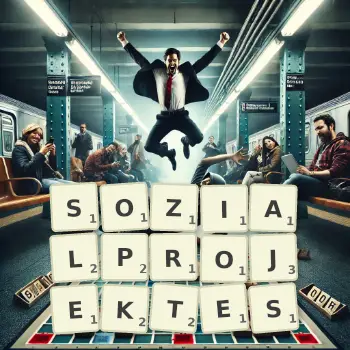 Kreative Illustration für ein Scrabble-Spiel, bei dem das Wort SOZIALPROJEKTES mit Steinen auf dem Brett gelegt wurde.