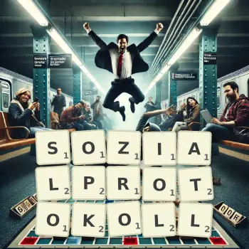 Kreative Illustration für ein Scrabble-Spiel, bei dem das Wort SOZIALPROTOKOLL mit Steinen auf dem Brett gelegt wurde.