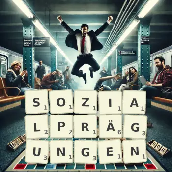 Kreative Illustration für ein Scrabble-Spiel, bei dem das Wort SOZIALPRÄGUNGEN mit Steinen auf dem Brett gelegt wurde.