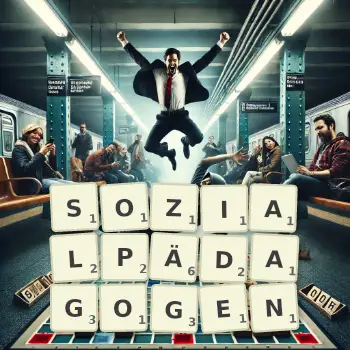 Kreative Illustration für ein Scrabble-Spiel, bei dem das Wort SOZIALPÄDAGOGEN mit Steinen auf dem Brett gelegt wurde.