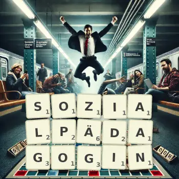 Kreative Illustration für ein Scrabble-Spiel, bei dem das Wort SOZIALPÄDAGOGIN mit Steinen auf dem Brett gelegt wurde.