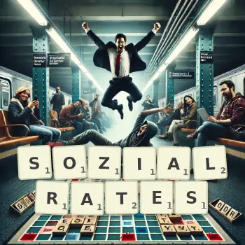 Kreative Illustration für ein Scrabble-Spiel, bei dem das Wort SOZIALRATES mit Steinen auf dem Brett gelegt wurde.