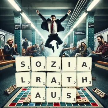 Kreative Illustration für ein Scrabble-Spiel, bei dem das Wort SOZIALRATHAUS mit Steinen auf dem Brett gelegt wurde.