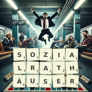 Kreative Illustration für ein Scrabble-Spiel, bei dem das Wort SOZIALRATHÄUSER mit Steinen auf dem Brett gelegt wurde.