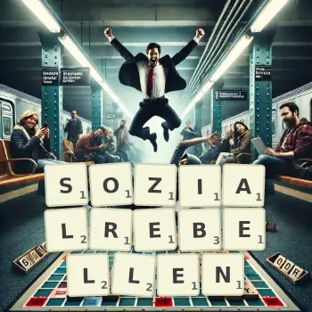 Kreative Illustration für ein Scrabble-Spiel, bei dem das Wort SOZIALREBELLEN mit Steinen auf dem Brett gelegt wurde.