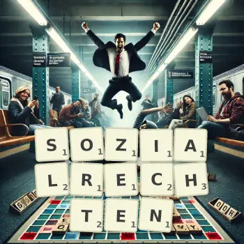 Kreative Illustration für ein Scrabble-Spiel, bei dem das Wort SOZIALRECHTEN mit Steinen auf dem Brett gelegt wurde.