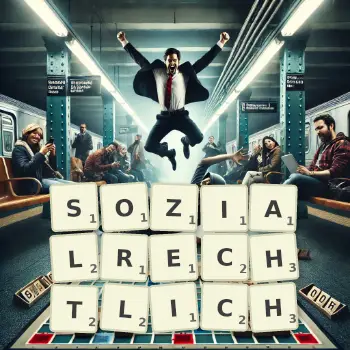 Kreative Illustration für ein Scrabble-Spiel, bei dem das Wort SOZIALRECHTLICH mit Steinen auf dem Brett gelegt wurde.