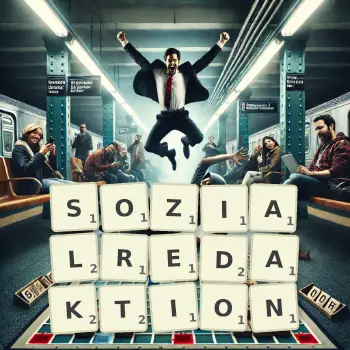 Kreative Illustration für ein Scrabble-Spiel, bei dem das Wort SOZIALREDAKTION mit Steinen auf dem Brett gelegt wurde.