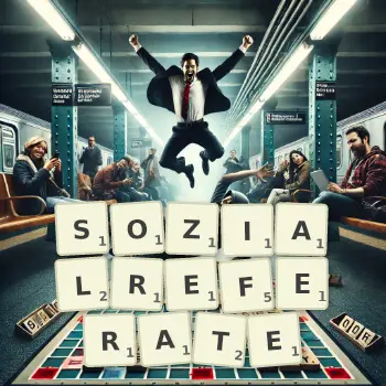 Kreative Illustration für ein Scrabble-Spiel, bei dem das Wort SOZIALREFERATE mit Steinen auf dem Brett gelegt wurde.