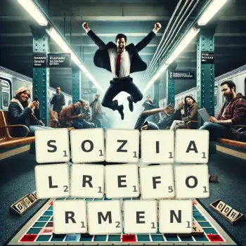 Kreative Illustration für ein Scrabble-Spiel, bei dem das Wort SOZIALREFORMEN mit Steinen auf dem Brett gelegt wurde.