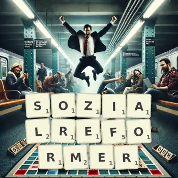 Kreative Illustration für ein Scrabble-Spiel, bei dem das Wort SOZIALREFORMER mit Steinen auf dem Brett gelegt wurde.