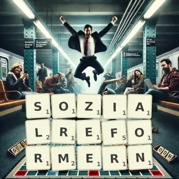 Kreative Illustration für ein Scrabble-Spiel, bei dem das Wort SOZIALREFORMERN mit Steinen auf dem Brett gelegt wurde.