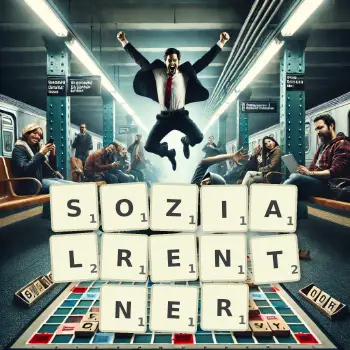 Kreative Illustration für ein Scrabble-Spiel, bei dem das Wort SOZIALRENTNER mit Steinen auf dem Brett gelegt wurde.
