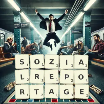 Kreative Illustration für ein Scrabble-Spiel, bei dem das Wort SOZIALREPORTAGE mit Steinen auf dem Brett gelegt wurde.