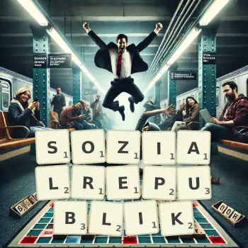 Kreative Illustration für ein Scrabble-Spiel, bei dem das Wort SOZIALREPUBLIK mit Steinen auf dem Brett gelegt wurde.