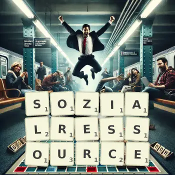 Kreative Illustration für ein Scrabble-Spiel, bei dem das Wort SOZIALRESSOURCE mit Steinen auf dem Brett gelegt wurde.