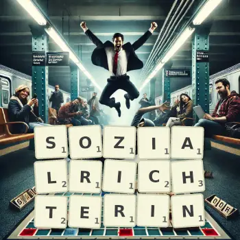 Kreative Illustration für ein Scrabble-Spiel, bei dem das Wort SOZIALRICHTERIN mit Steinen auf dem Brett gelegt wurde.
