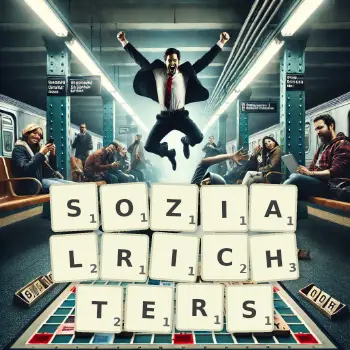 Kreative Illustration für ein Scrabble-Spiel, bei dem das Wort SOZIALRICHTERS mit Steinen auf dem Brett gelegt wurde.