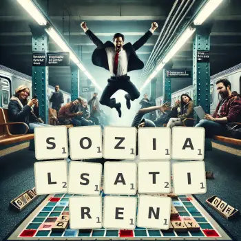 Kreative Illustration für ein Scrabble-Spiel, bei dem das Wort SOZIALSATIREN mit Steinen auf dem Brett gelegt wurde.