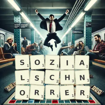 Kreative Illustration für ein Scrabble-Spiel, bei dem das Wort SOZIALSCHNORRER mit Steinen auf dem Brett gelegt wurde.