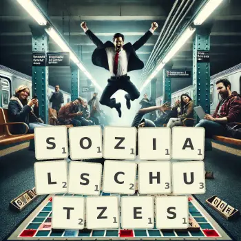 Kreative Illustration für ein Scrabble-Spiel, bei dem das Wort SOZIALSCHUTZES mit Steinen auf dem Brett gelegt wurde.