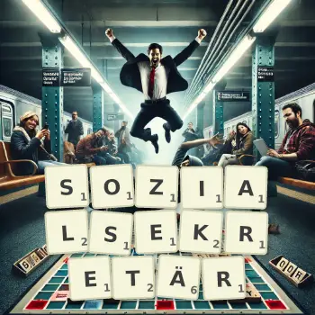 Kreative Illustration für ein Scrabble-Spiel, bei dem das Wort SOZIALSEKRETÄR mit Steinen auf dem Brett gelegt wurde.