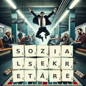 Kreative Illustration für ein Scrabble-Spiel, bei dem das Wort SOZIALSEKRETÄRE mit Steinen auf dem Brett gelegt wurde.